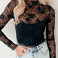 Sheer Floral Lace Mesh Mock Neck Long Sleeve Top