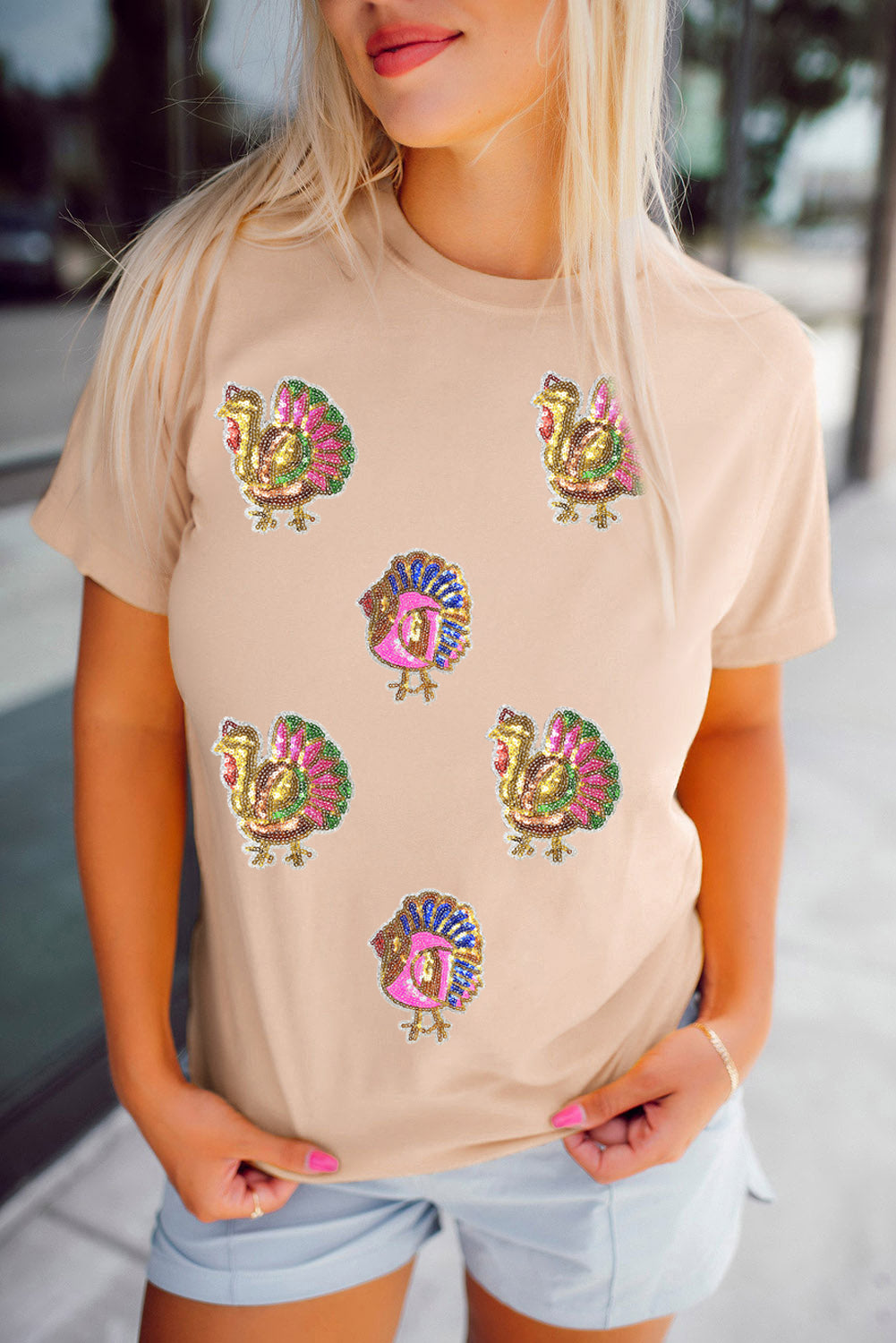 Sequin Turkey Patched Thanksgiving Graphic Tee
