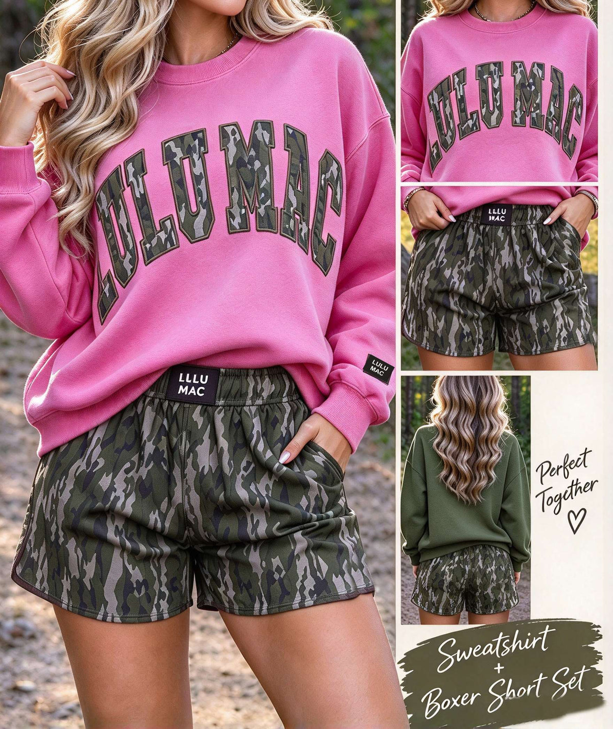 Women's Camo Letter Patch Pullover Sweatshirt & Matching Camouflage Athletic Shorts Set