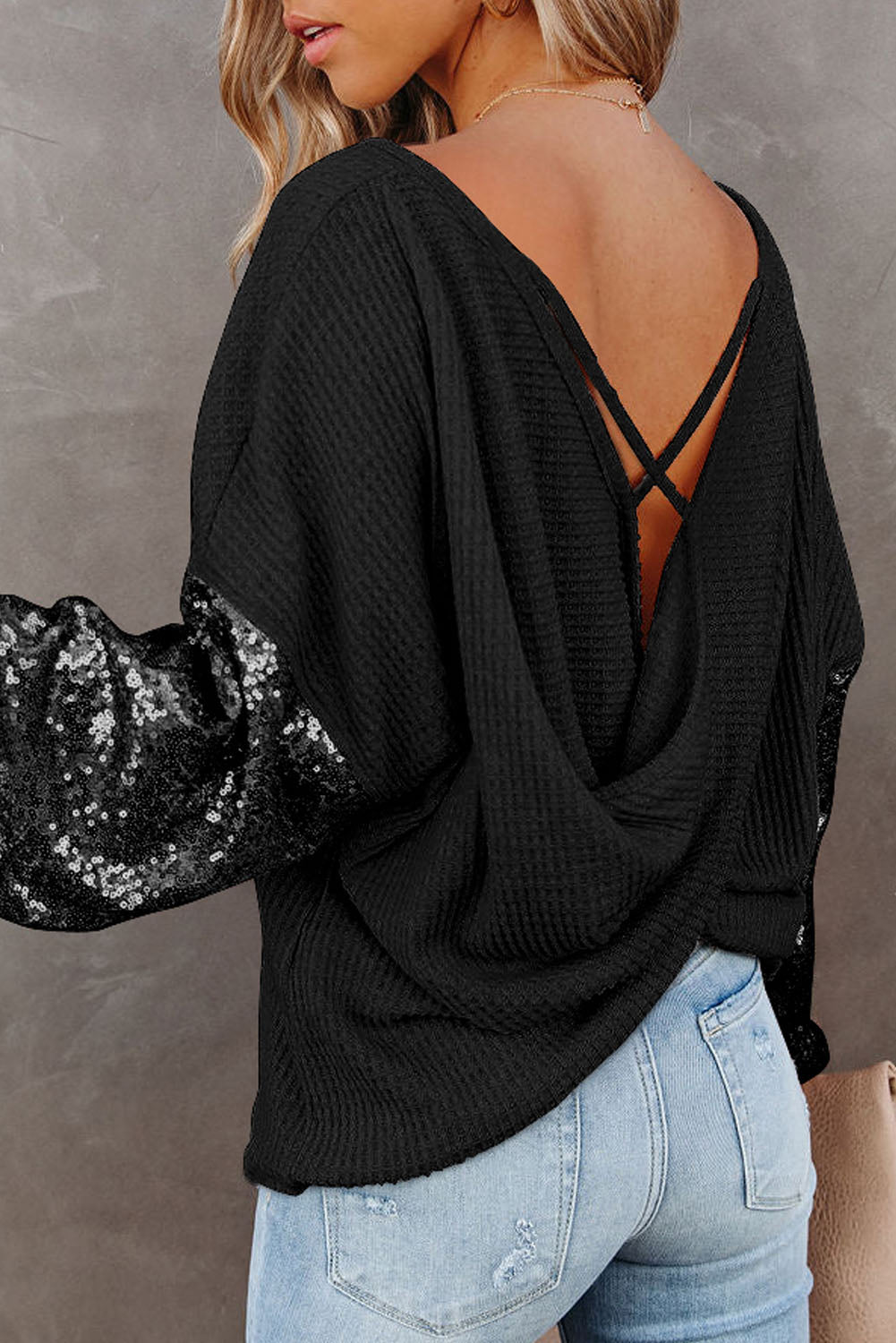 Sequin Open Back Waffle Knit Top