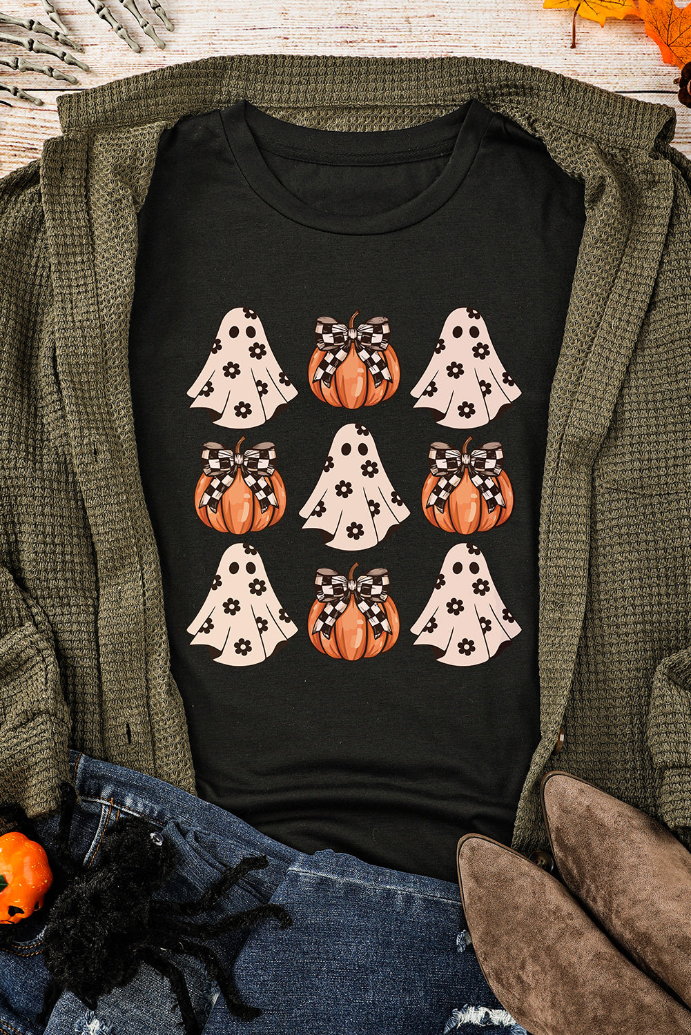 Halloween Ghost Pumpkin Crew Neck T Shirt