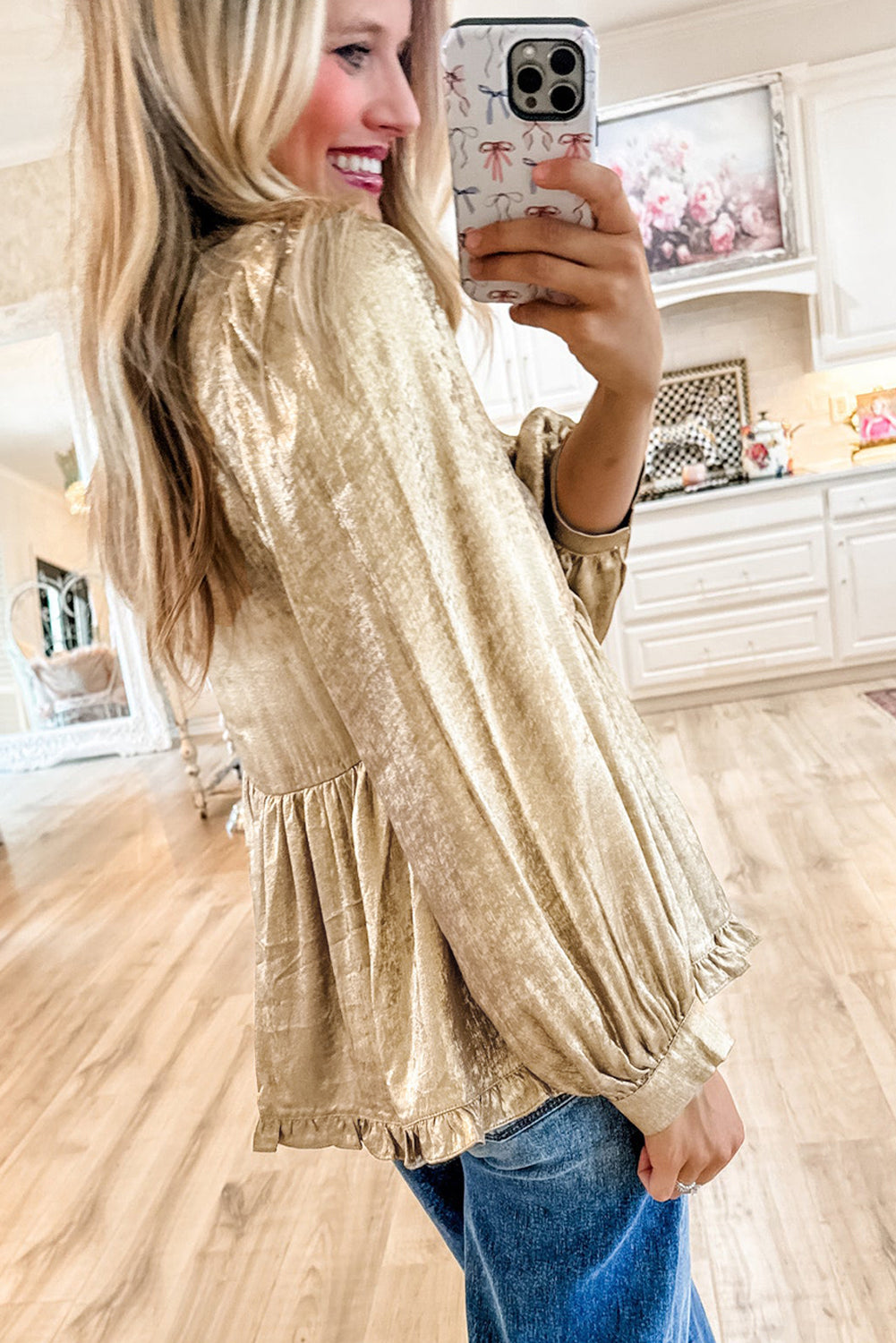 Metallic Frilled Puff Sleeve Babydoll Blouse