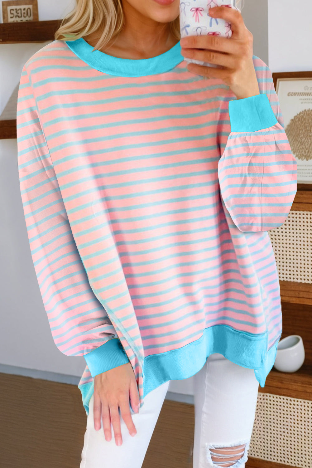 Stripe Contrast Trim Pullover Tunic Sweatshirt