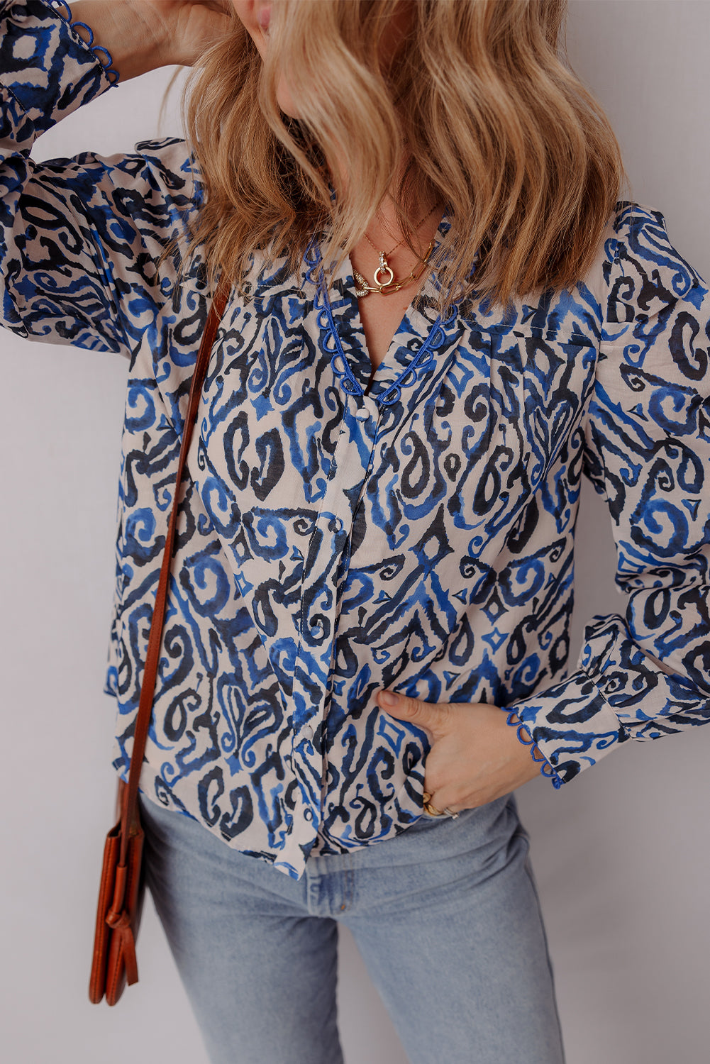 Bohemian Print Embroidered V Neckline Detail Long Sleeve Shirt