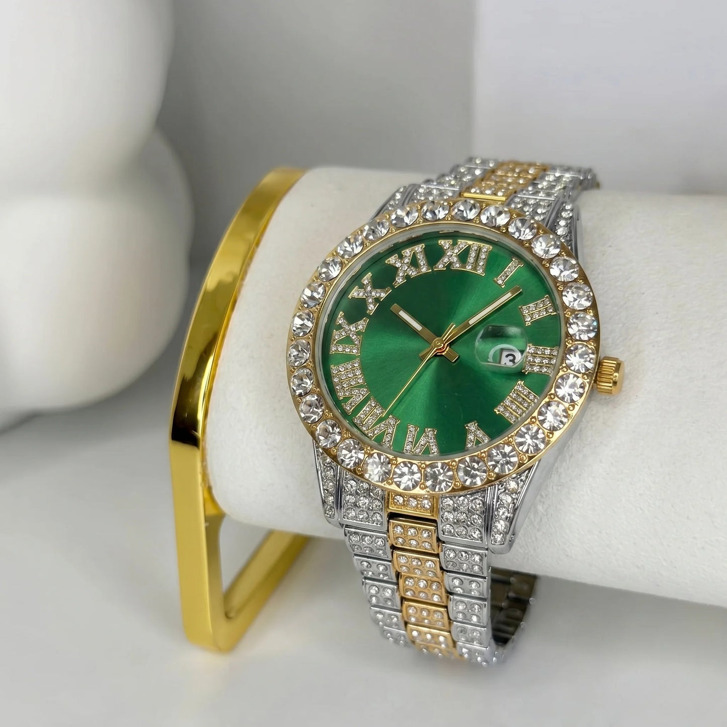 Diamond Green Gold Silver Band Watch