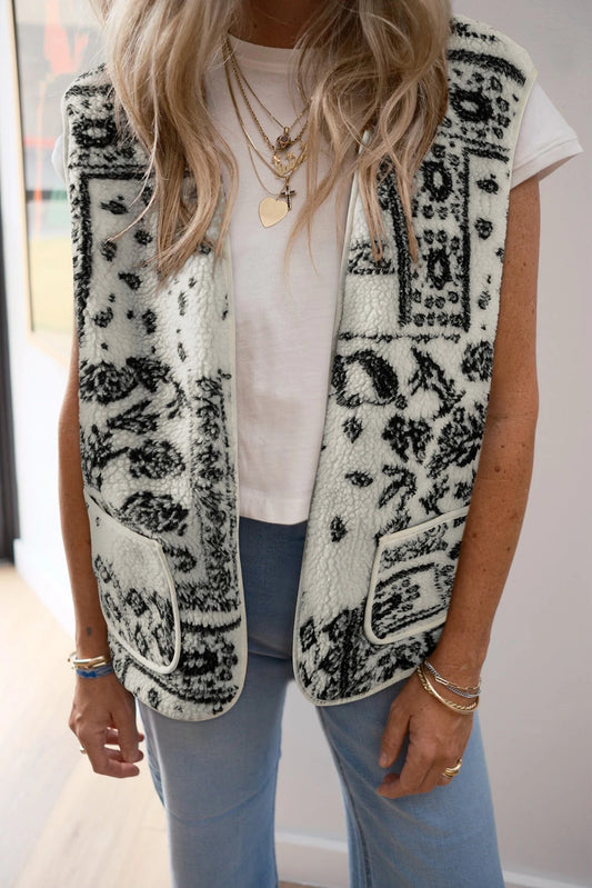 Print Pocketed Western Fashion Vest Jacket