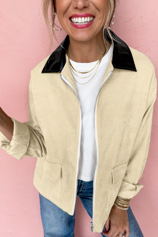 Contrast Leather Collar Textured Zip Up Jacket