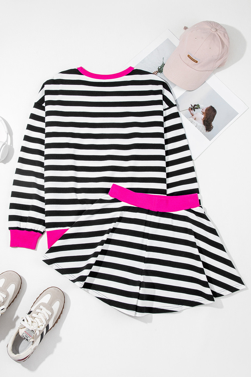 Contrast Ribbed Banding Long Sleeve Blouse Loose Shorts Set