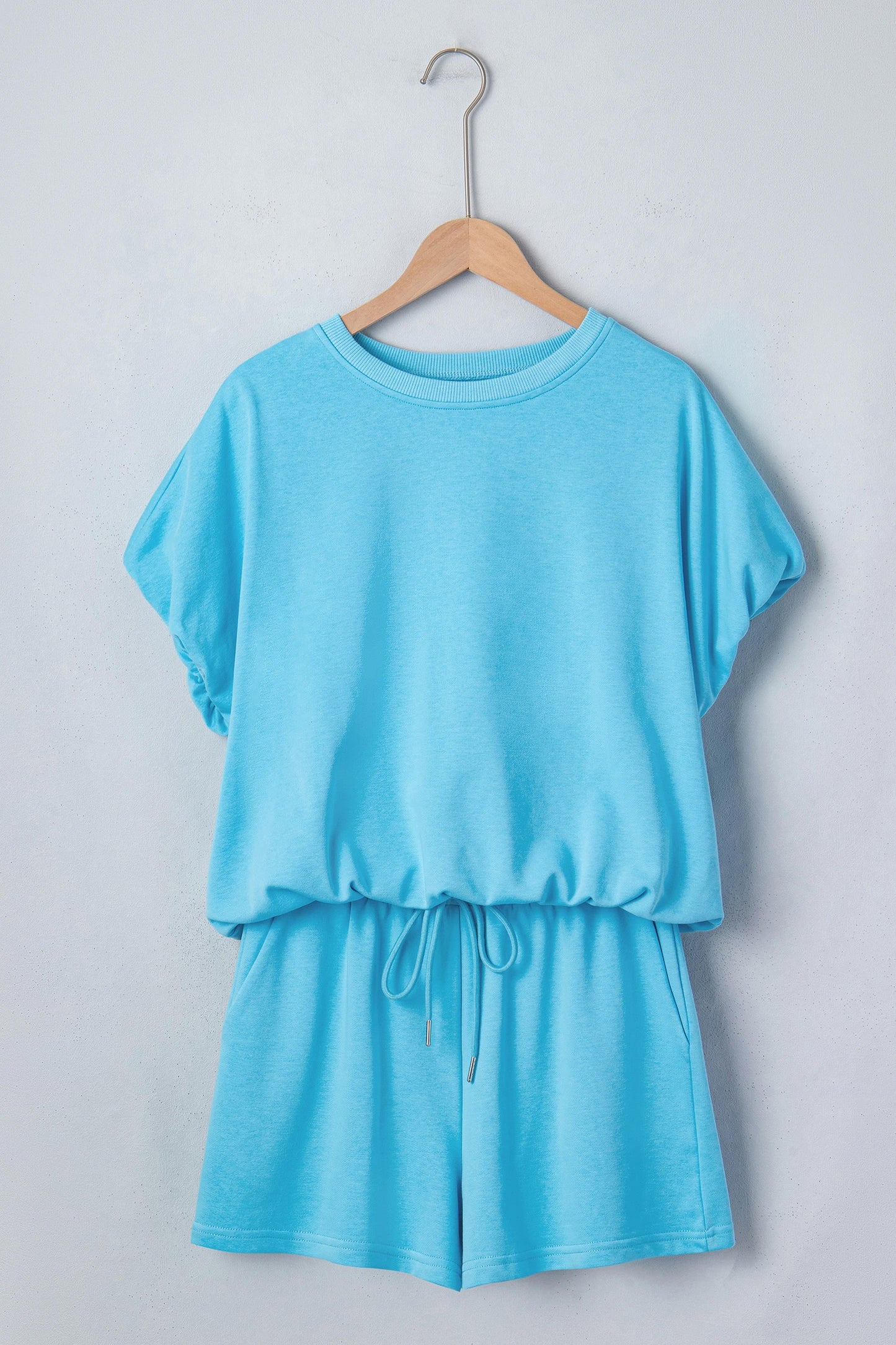 Solid Color Puffy Loose Top Drawstring Shorts 2pcs Outfit