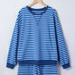Blue Stripe Drop Shoulder Long Sleeve Pullover Elastic Waist Casual Short Set