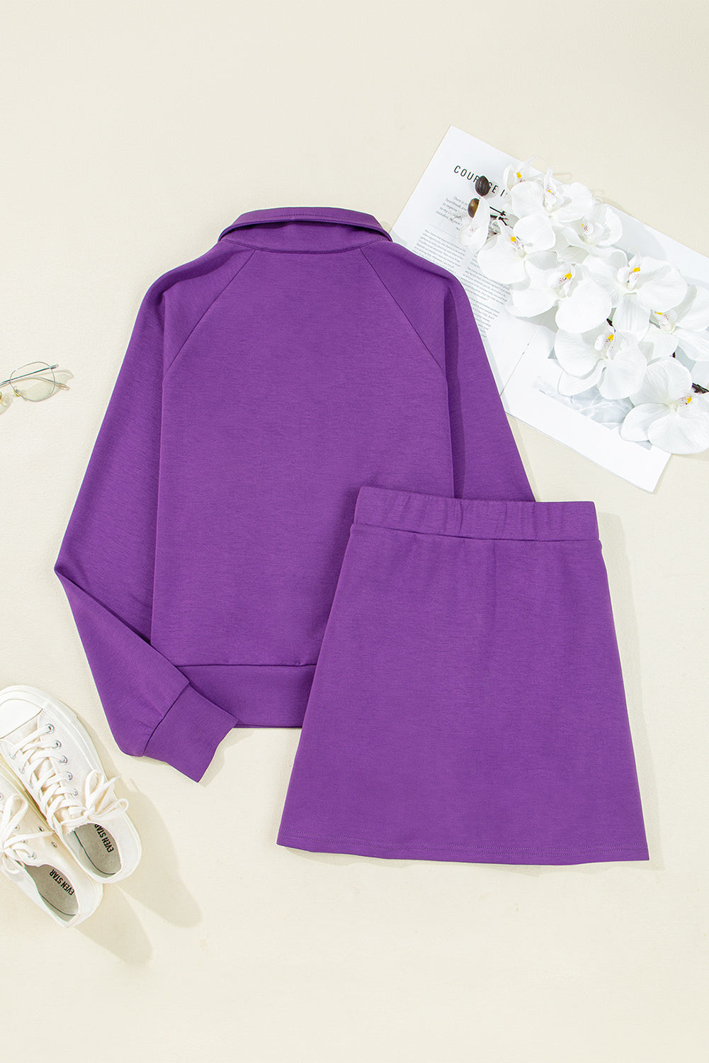 Half Zip Sporty Pullover Mini Skirt 2pcs Outfit
