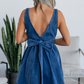 Square Neck Bowknot A-line Sleeveless Denim Dress