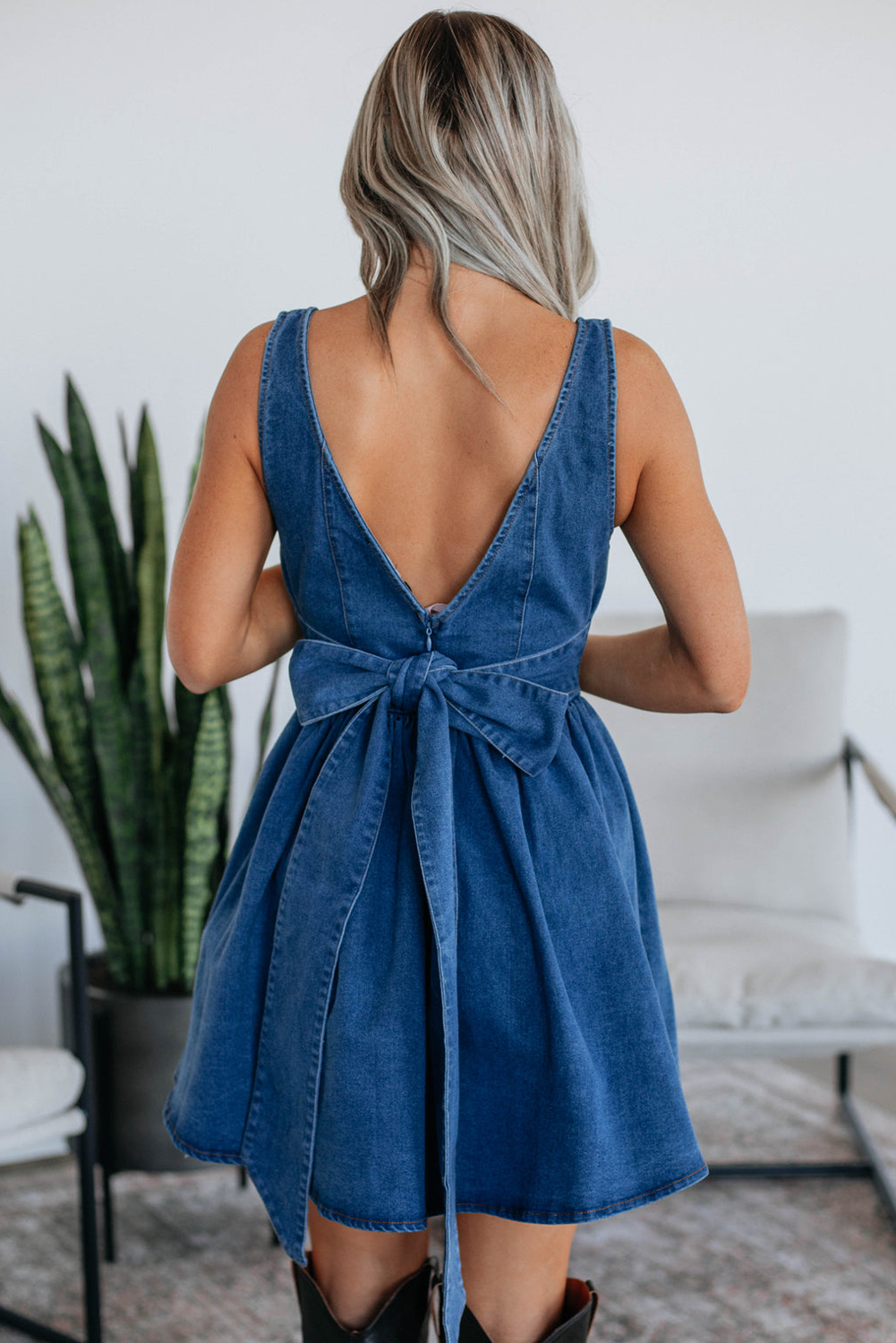 Square Neck Bowknot A-line Sleeveless Denim Dress