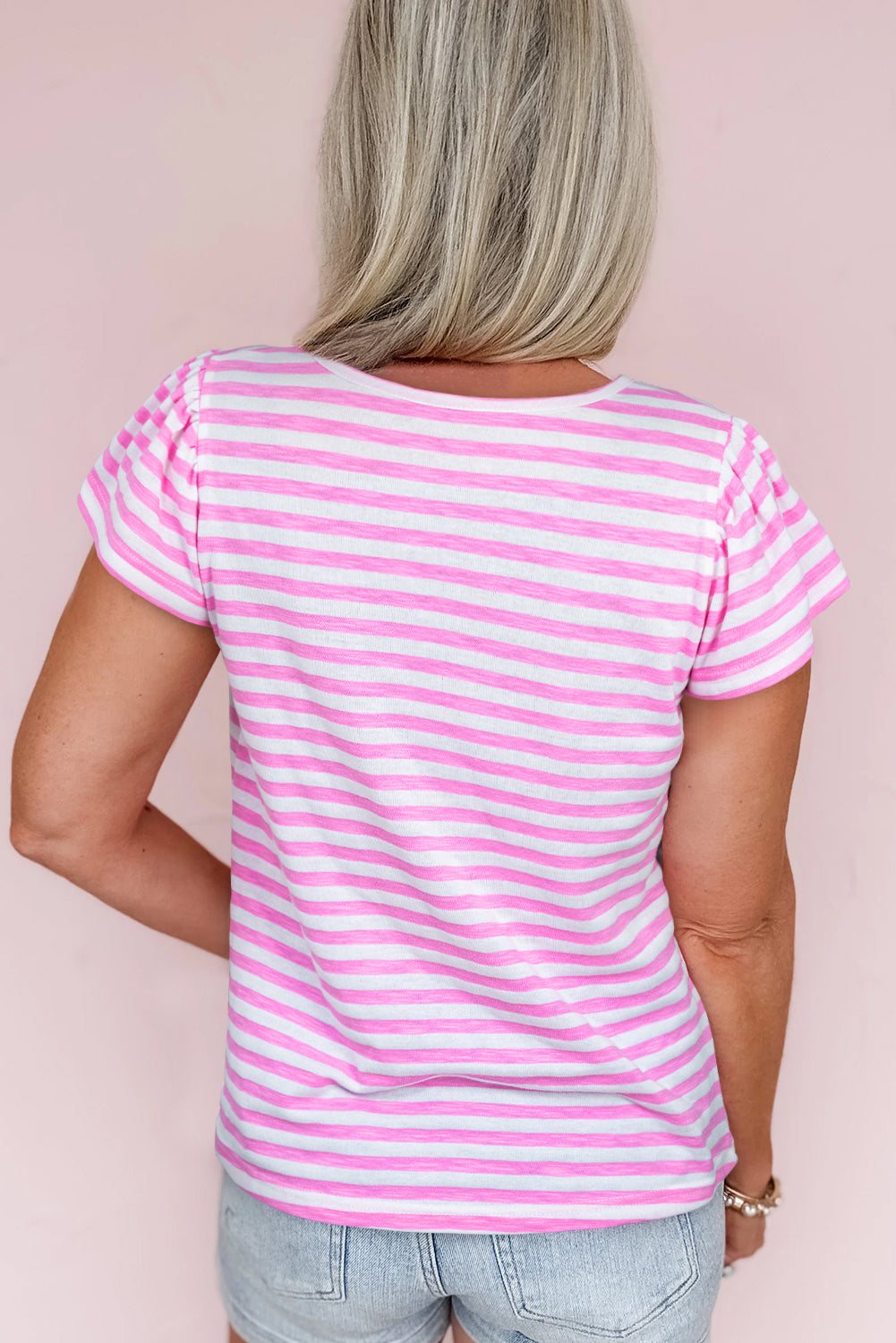 Striped V Neck Ruffle Short Sleeve Top