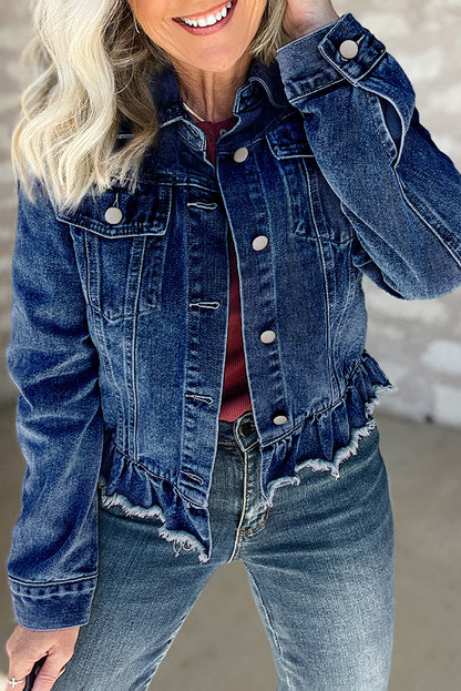 Ruffle Raw Hem Flap Pockets Denim Jacket