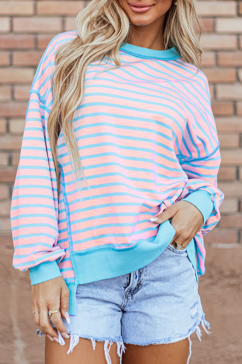 Stripe Contrast Trim Pullover Tunic Sweatshirt