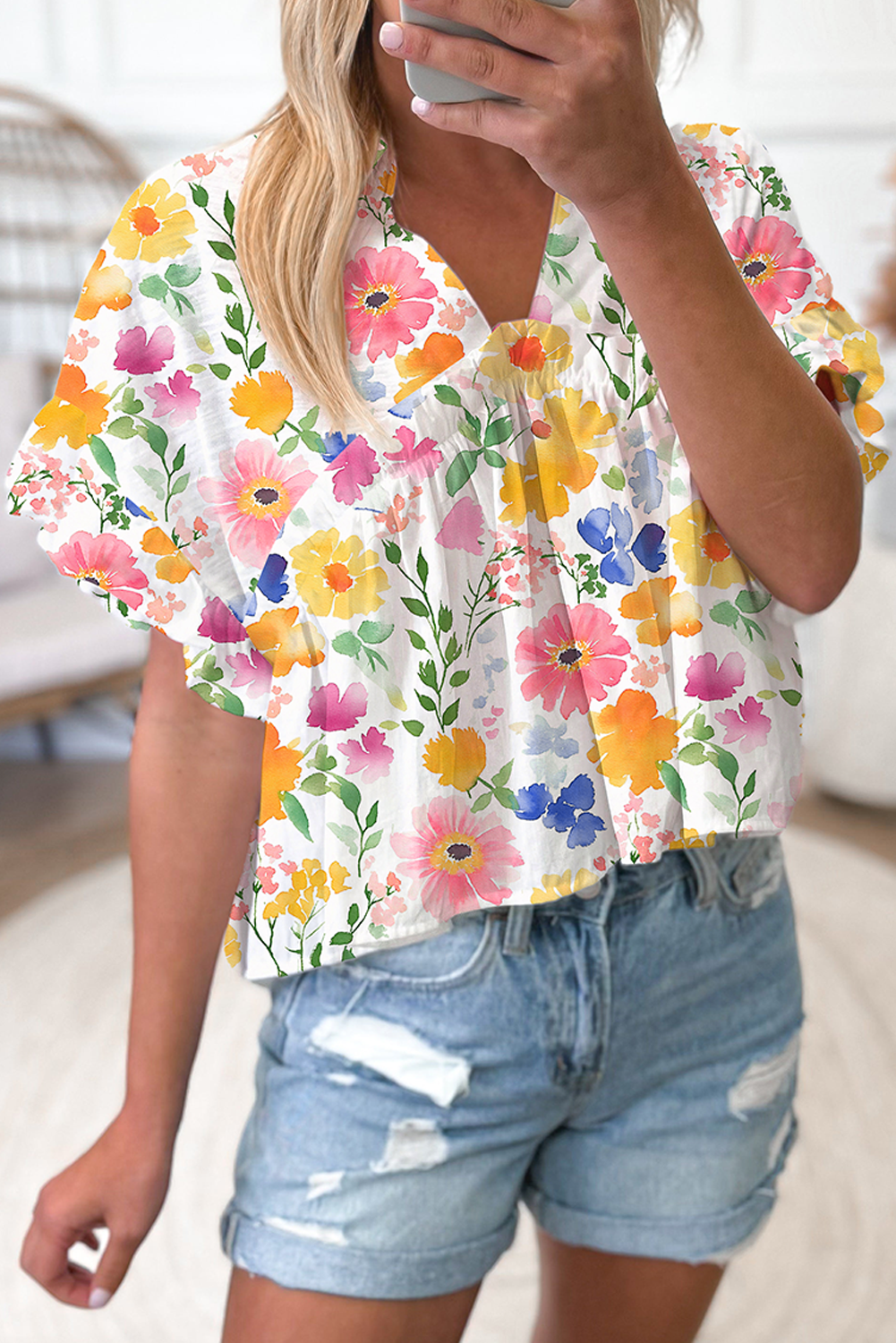 Floral Boxy Fit Ruffled Short Sleeve V Neck Blouse