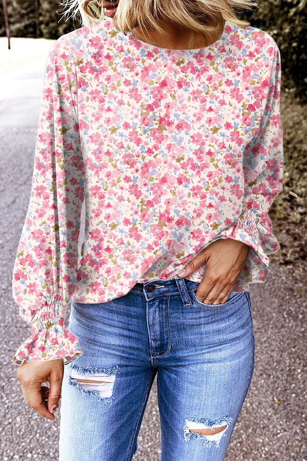 Floral Print Sweet Lantern Long Sleeve Blouse