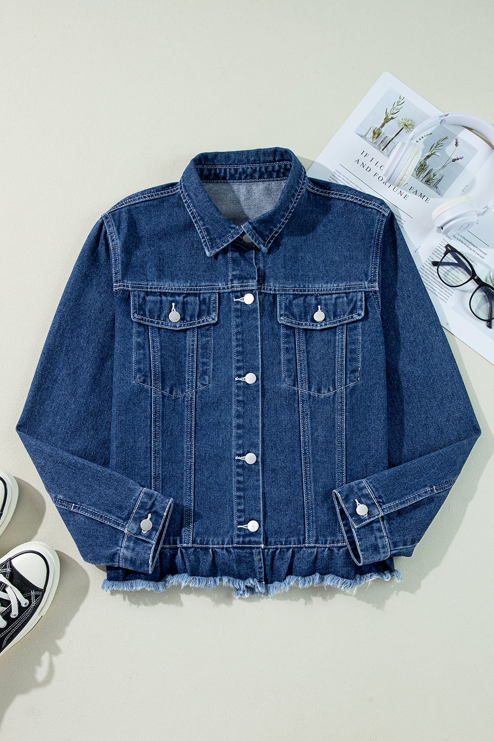 Ruffle Raw Hem Flap Pockets Denim Jacket