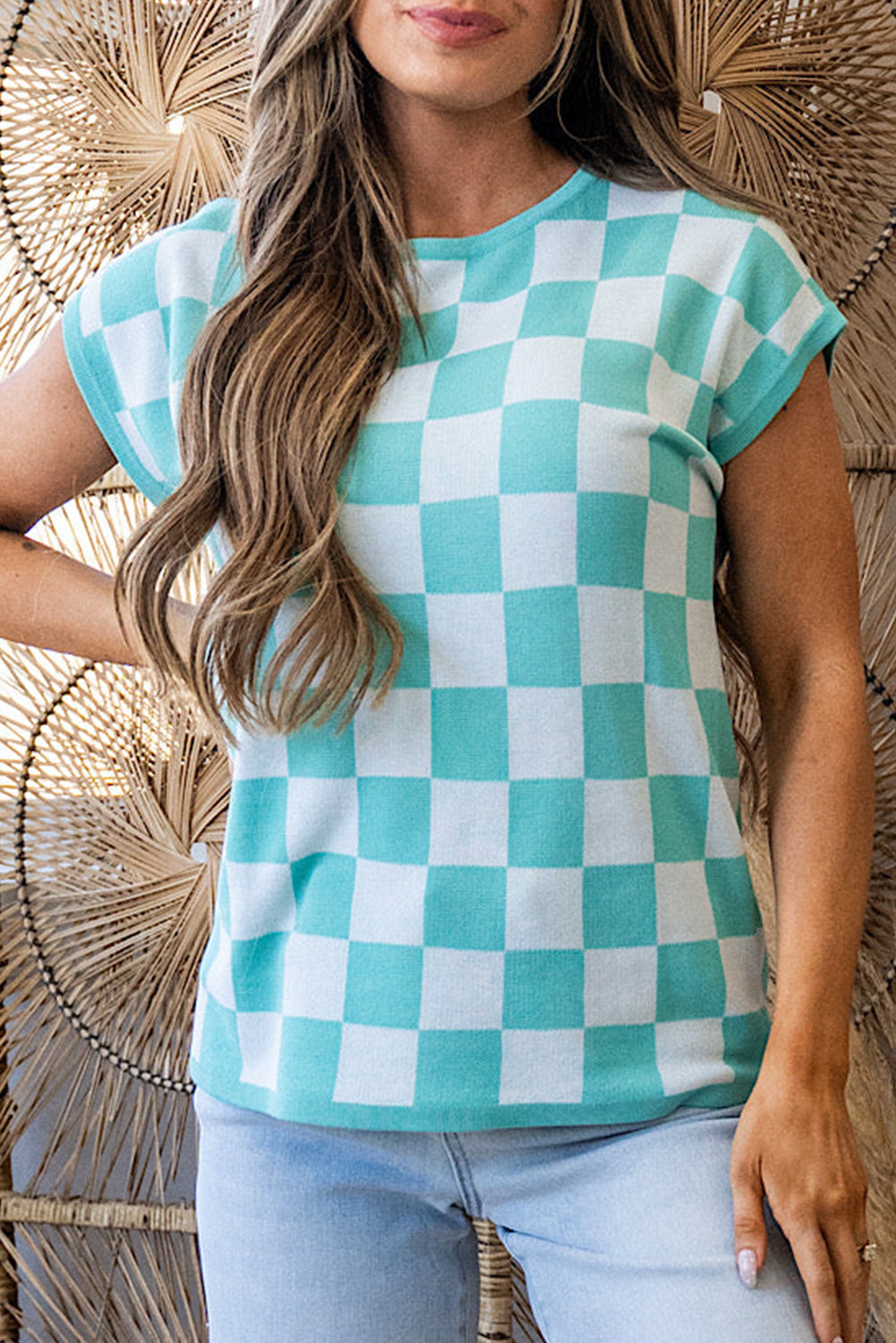 Check Pattern Cap Sleeve Knitted Sweater