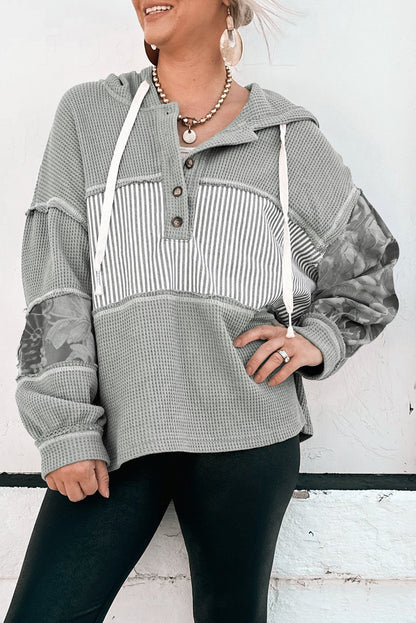 Waffle Printed Patchwork Drawstring Hooded Long Sleeve Top