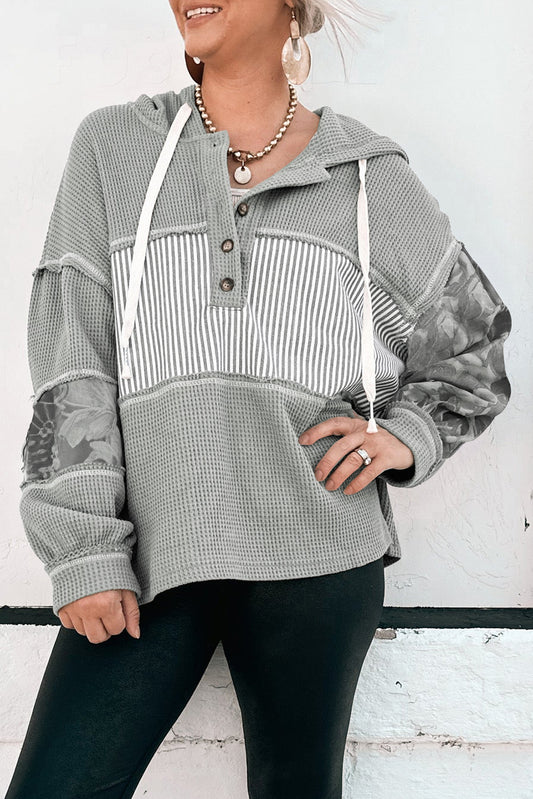 Waffle Printed Patchwork Drawstring Hooded Long Sleeve Top