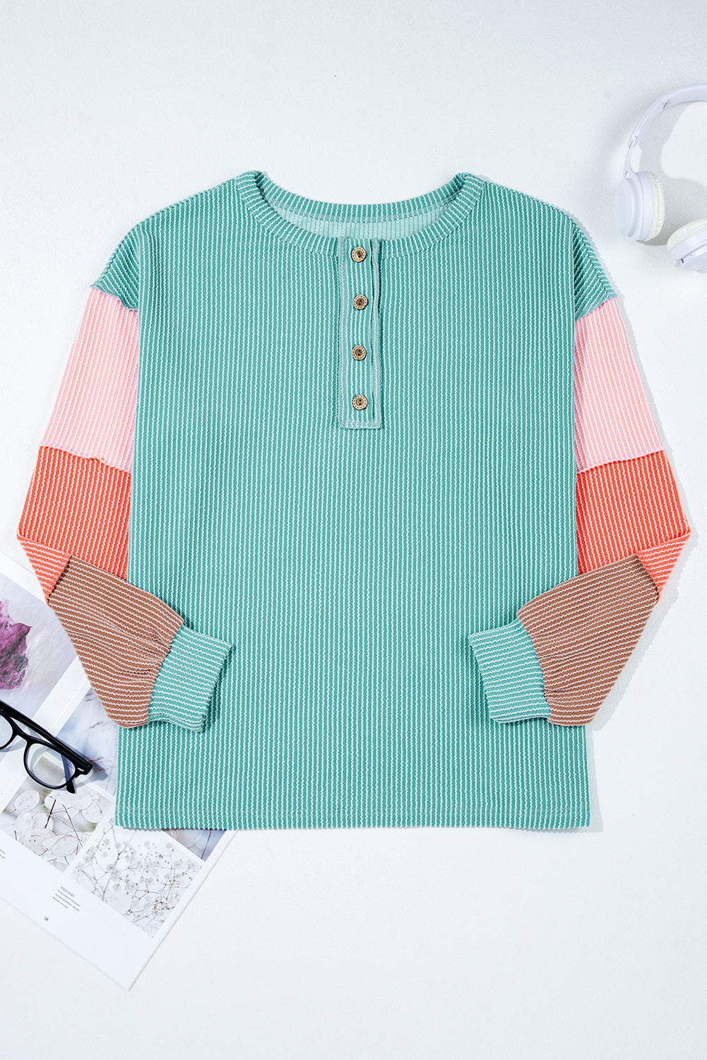 Twisted Ribbed Knit Colorblock Henley Top