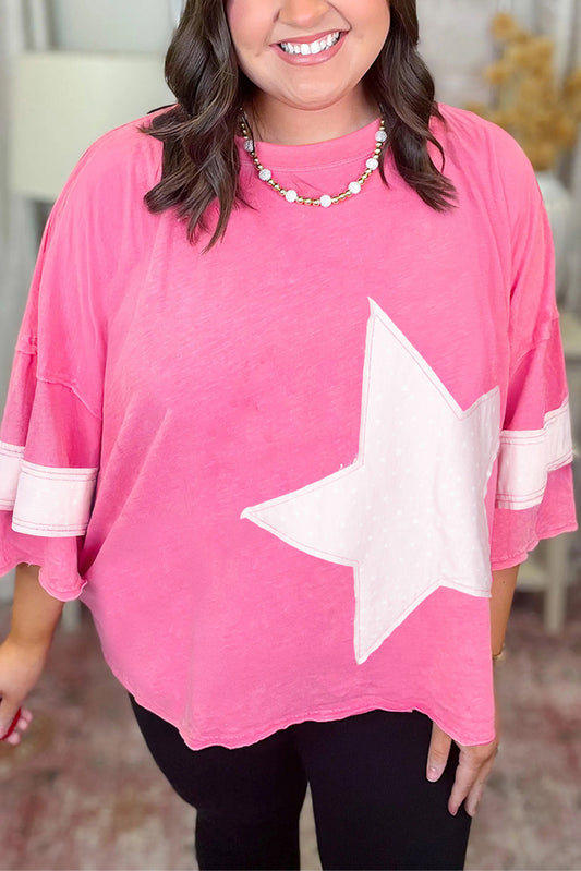 Star Patched Colorblock Raw Edge Bracelet Sleeve Plus Size Loose Tee