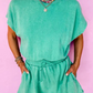Mist Blue Mineral Wash Drawstring Waist Hollow Out Back Short Sleeve Romper