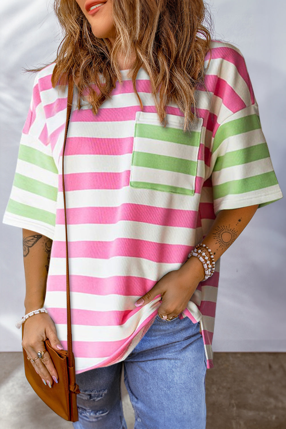 Stripe Contrast Patch Pocket T Shirt