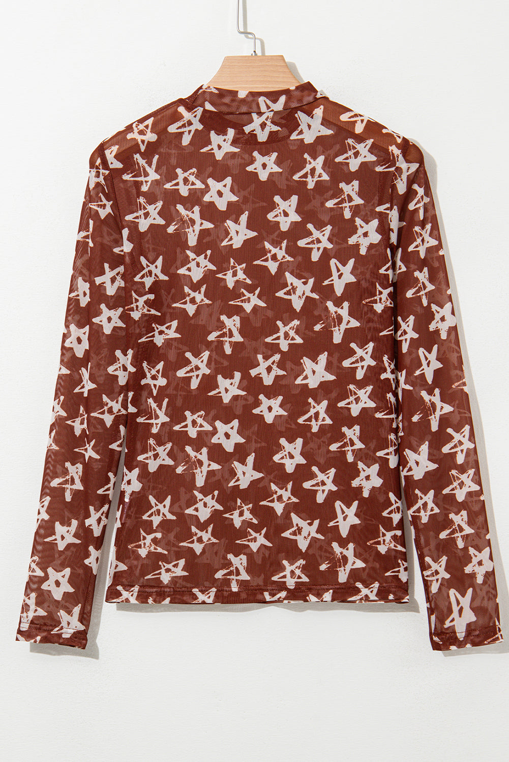 Mesh Star Print Mock Neck Sheath Long Sleeve Top