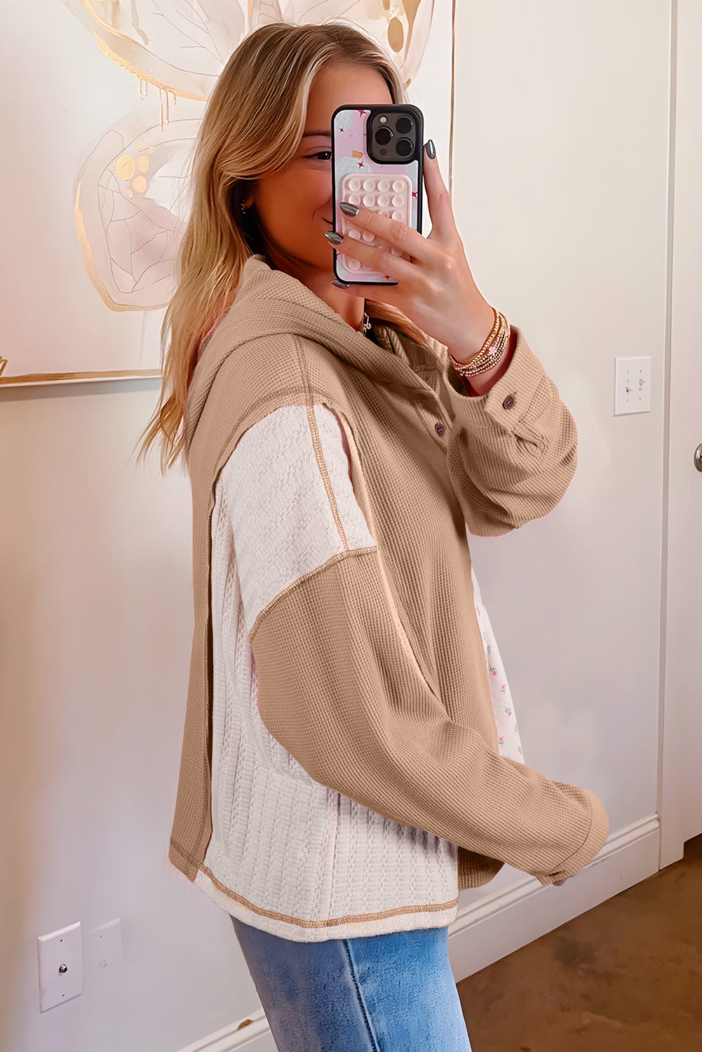 Mixed Texture Waffle Floral Patchwork Hooded Oversize Pullover