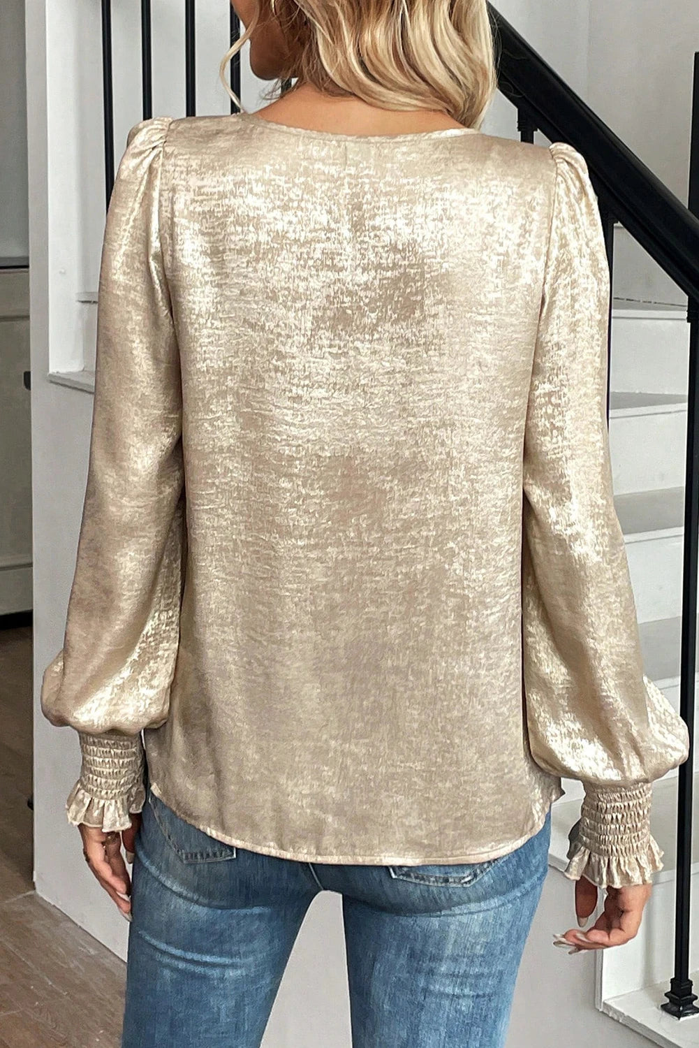 Round Neck Smocked Long Sleeve Blouse