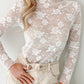 Sheer Floral Lace Mesh Mock Neck Long Sleeve Top