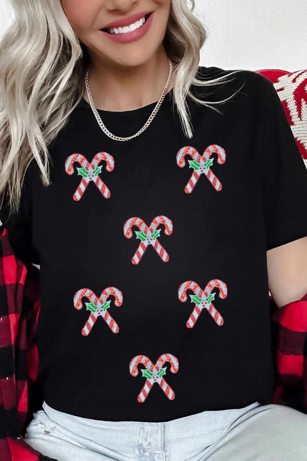 Holly Candy Cane Christmas Sequin Graphic T Shirt