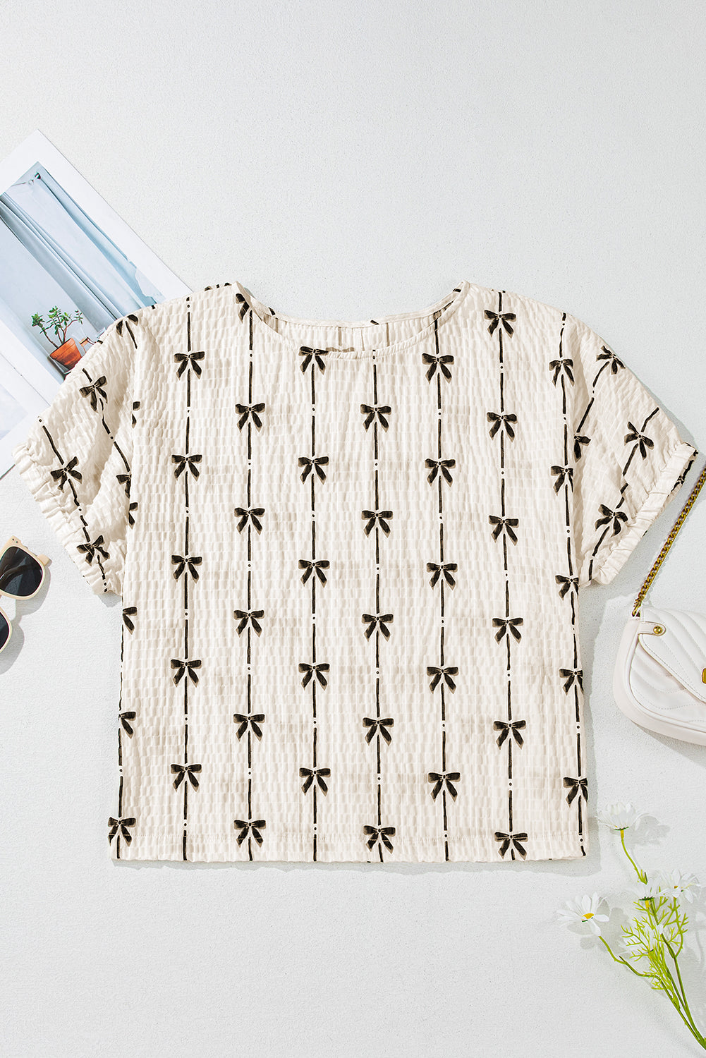 Bow Print Puff Short Sleeve Top