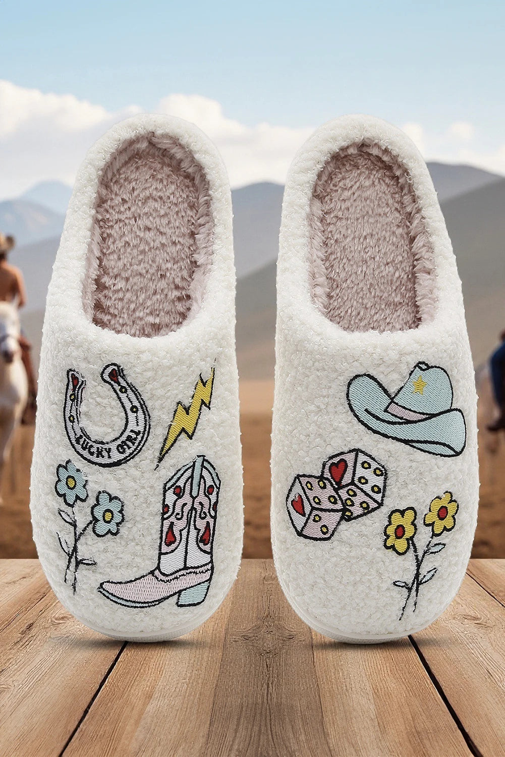 Embroidered Pattern Cowgirl Plush House Slippers