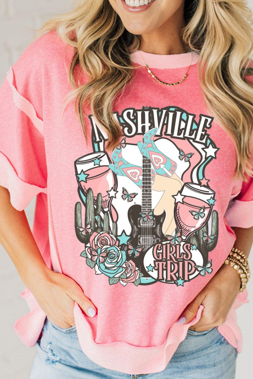 Girls Trip Nashville Graphic Patchwork Short Sleeve Loose Top