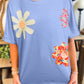 Flower Patched Exposed Stitching Trim Crew Neck Loose Tee