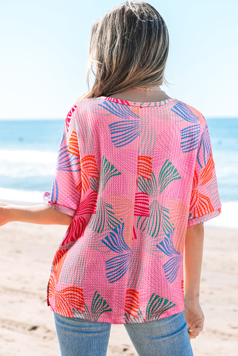 Printed Waffle Crewneck Loose Short Sleeve Top