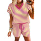 Stripe Colorblock Trim V Neck Tee Drawstring Elastic Waist Short Set