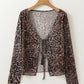 Leopard Sheer Mesh Long Sleeve V Neck Lace-up Blouse
