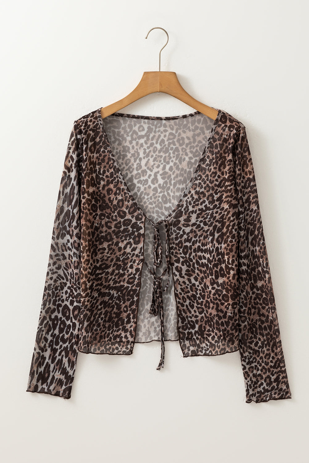 Leopard Sheer Mesh Long Sleeve V Neck Lace-up Blouse