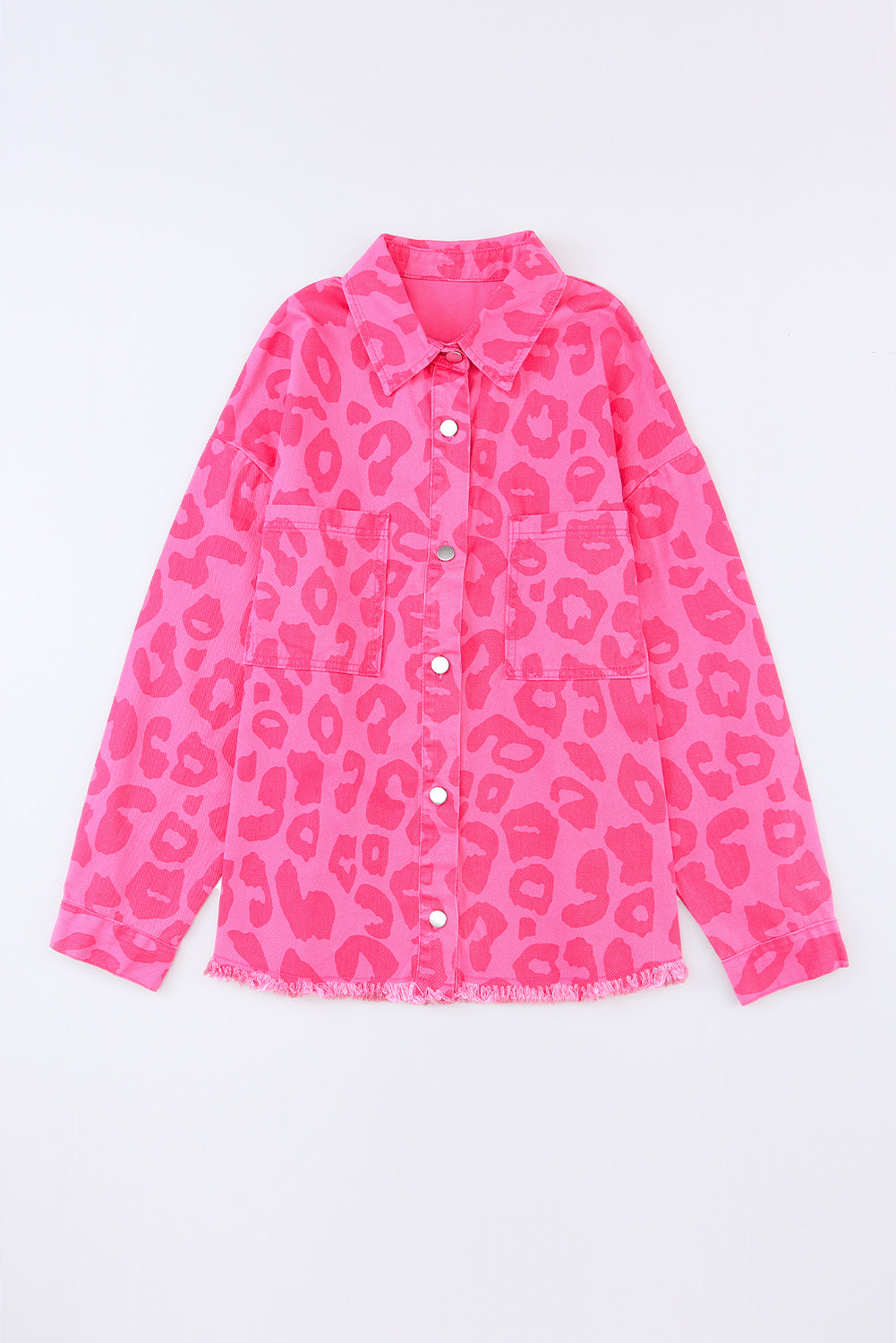 Leopard Print Button Cuffs Raw Hem Jacket