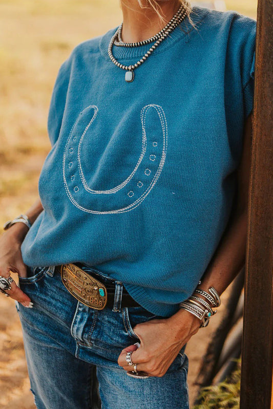 Embroidered Loose Short Sleeve Sweater