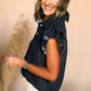 Button Front Ruffled Flutter Frayed Denim Top