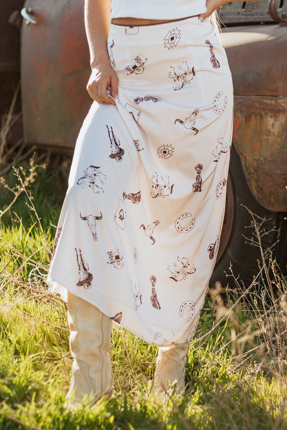 Western Print Satin Long Skirt