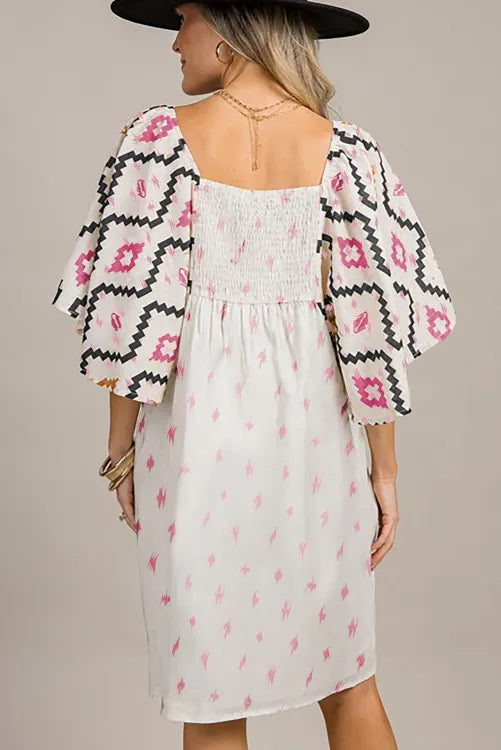 Pink Western Aztec Print Pleated Square Neck Loose Mini Dress