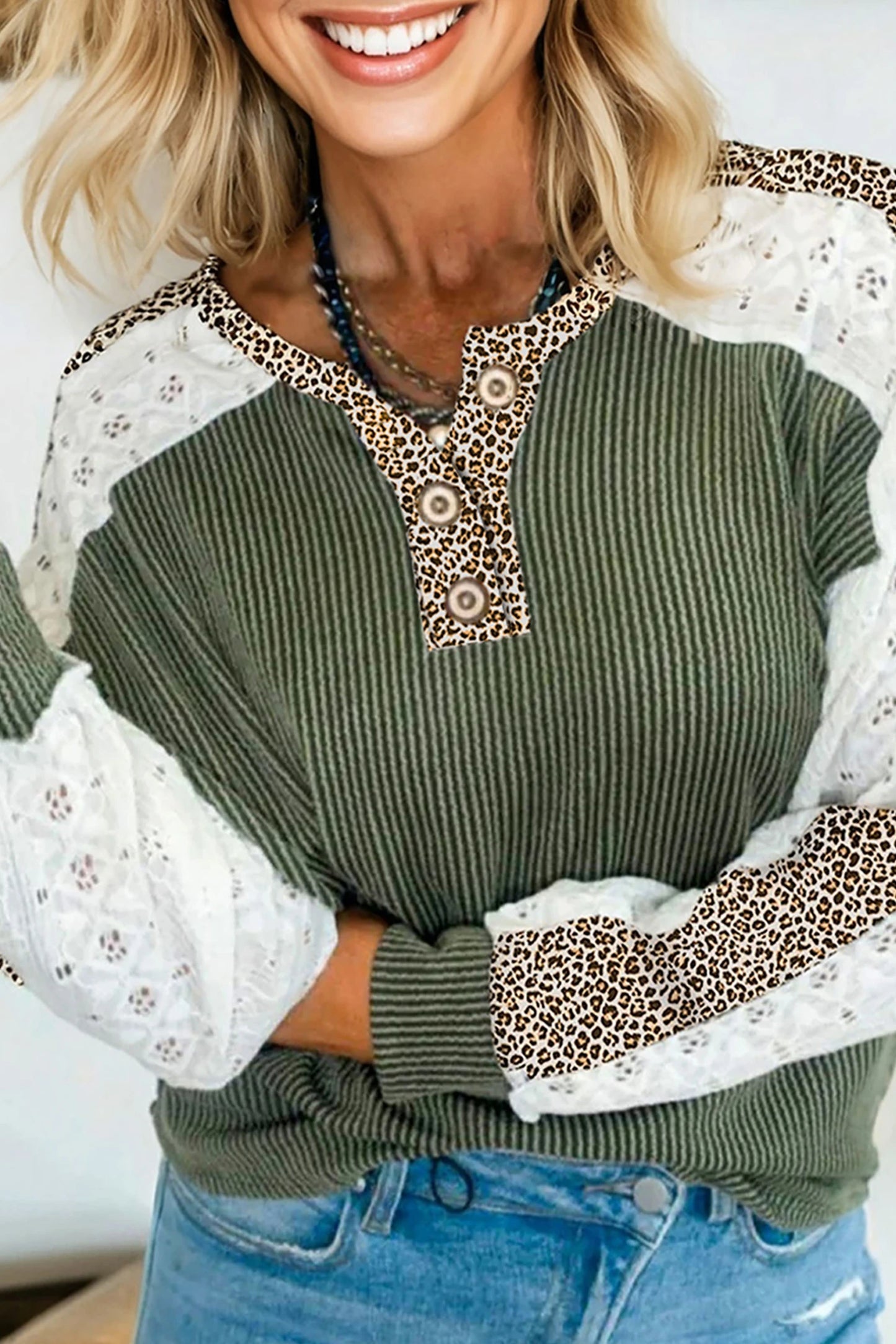 Twisted Ribbed Leopard Lace Contrast Patchwork Long Sleeve Top