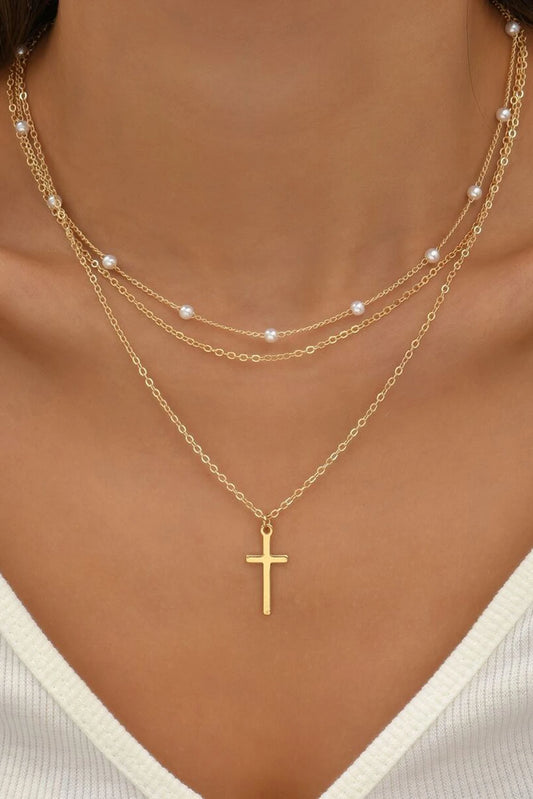 Pearl Decor Triple Layer Chain Necklace